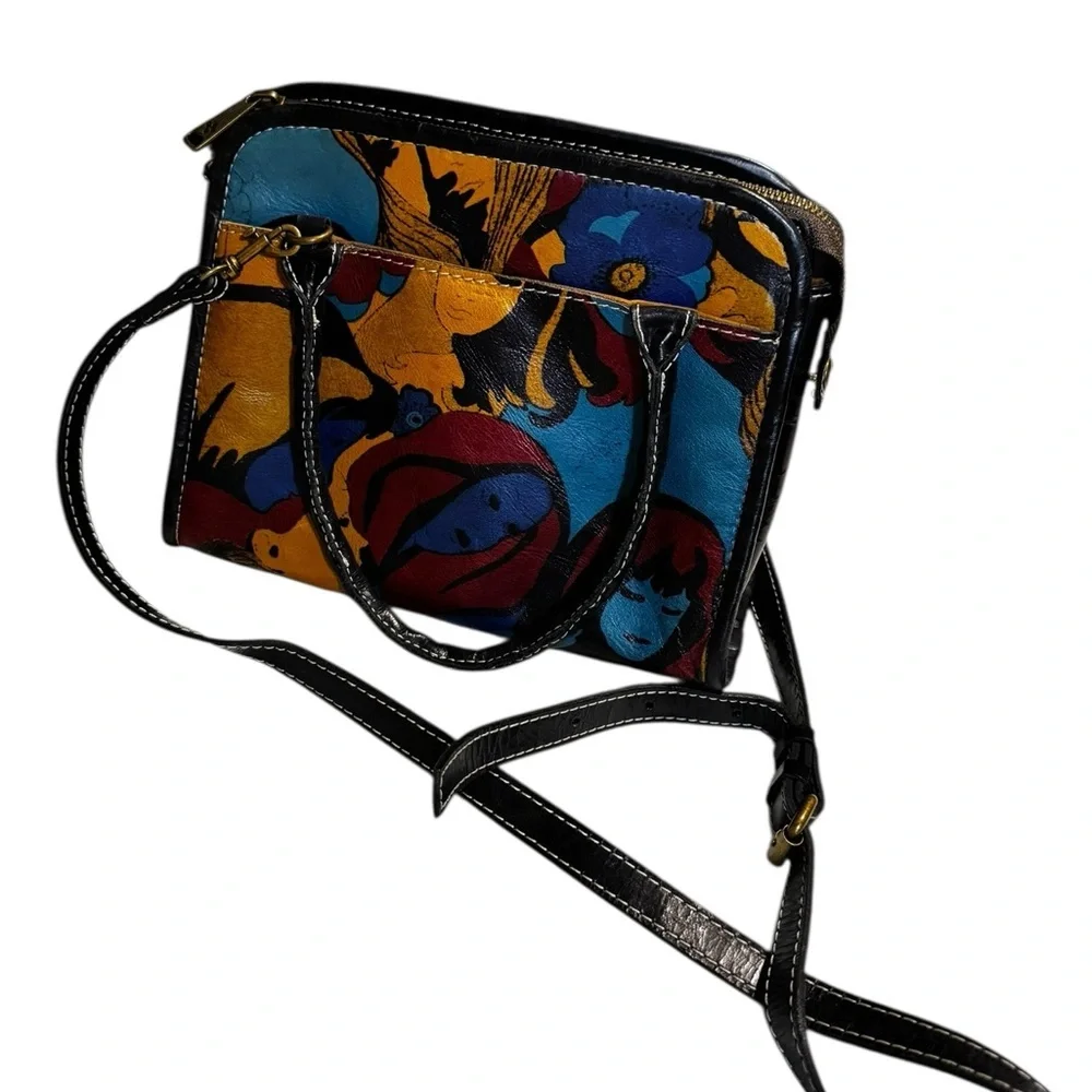 Patricia Nash leather top handle abstract faces crossbody bag